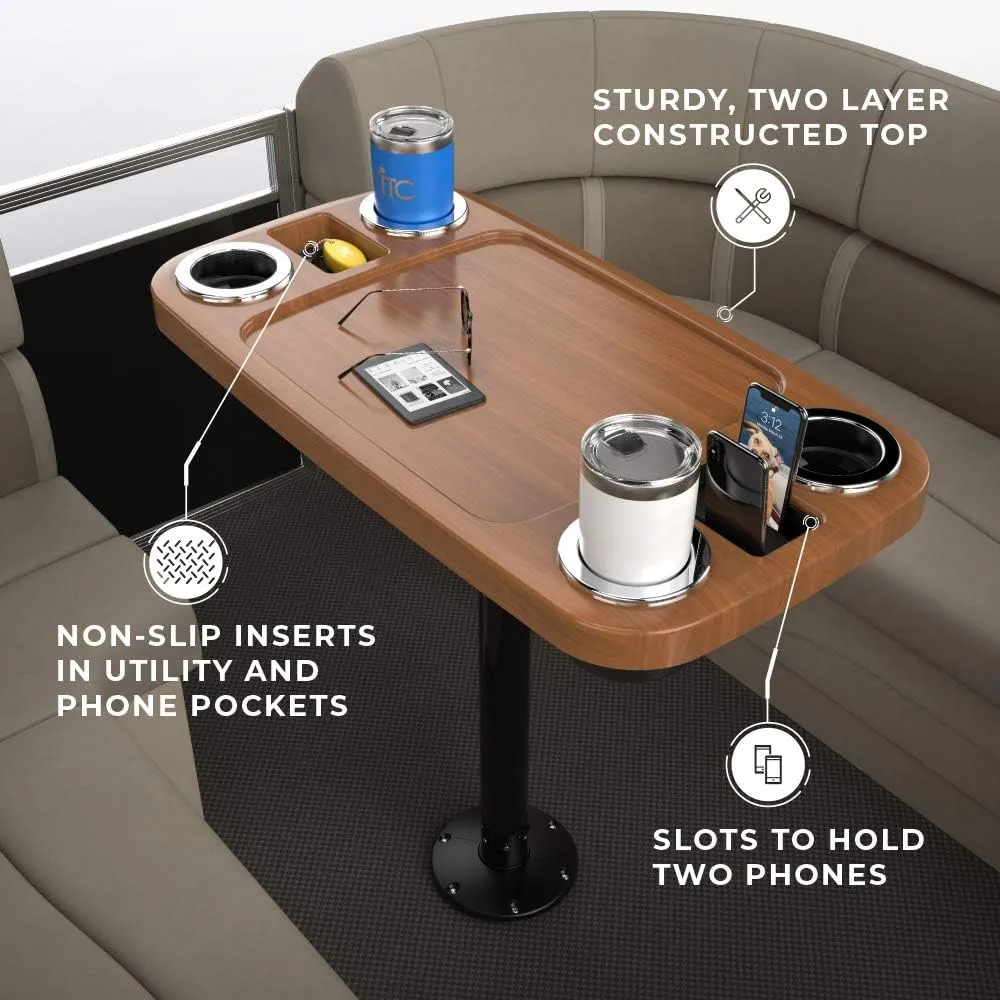 Manufacturers' Select ITC Boat Table Set - 18"x34" Removable Pontoon Boat Table with Pedestal Leg, 4 Drink Holders, and 2 Phone Stands (Cinnamon Brown Table with Black Leg)