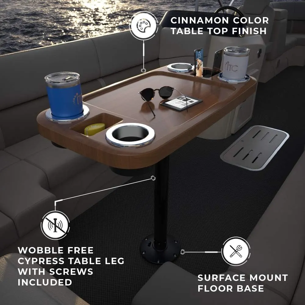 Manufacturers' Select ITC Boat Table Set - 18"x34" Removable Pontoon Boat Table with Pedestal Leg, 4 Drink Holders, and 2 Phone Stands (Cinnamon Brown Table with Black Leg)