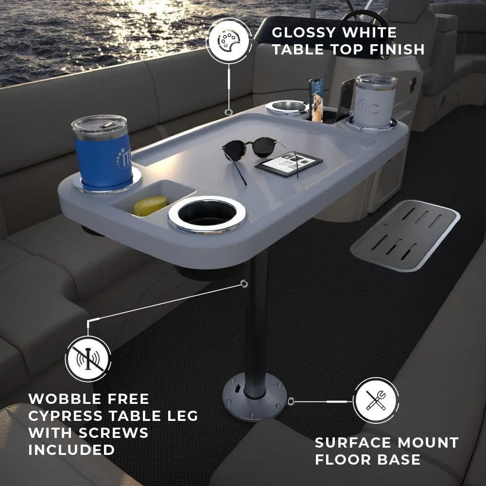 Manufacturers' Select ITC Boat Table Set - 18"x34" Removable Pontoon Boat Table with Pedestal Leg, 4 Drink Holders, and 2 Phone Stands (Glossy White Table with Silver Leg)