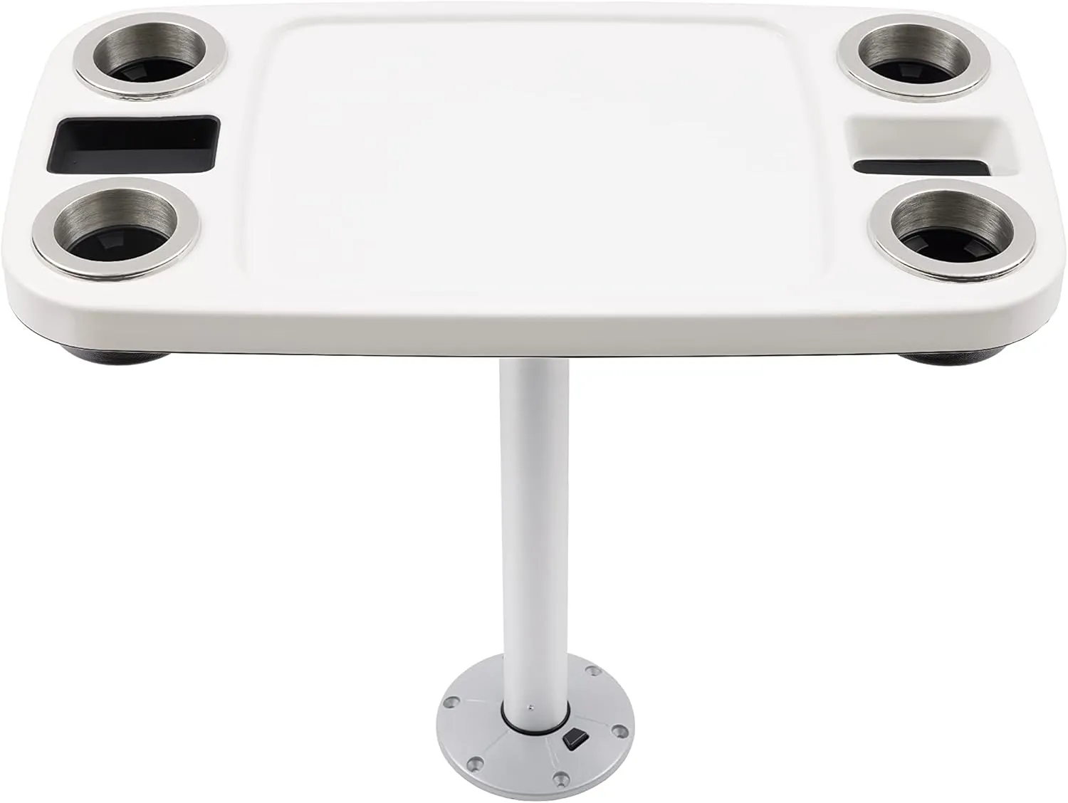 Manufacturers' Select ITC Boat Table Set - 18"x34" Removable Pontoon Boat Table with Pedestal Leg, 4 Drink Holders, and 2 Phone Stands (Glossy White Table with Silver Leg)