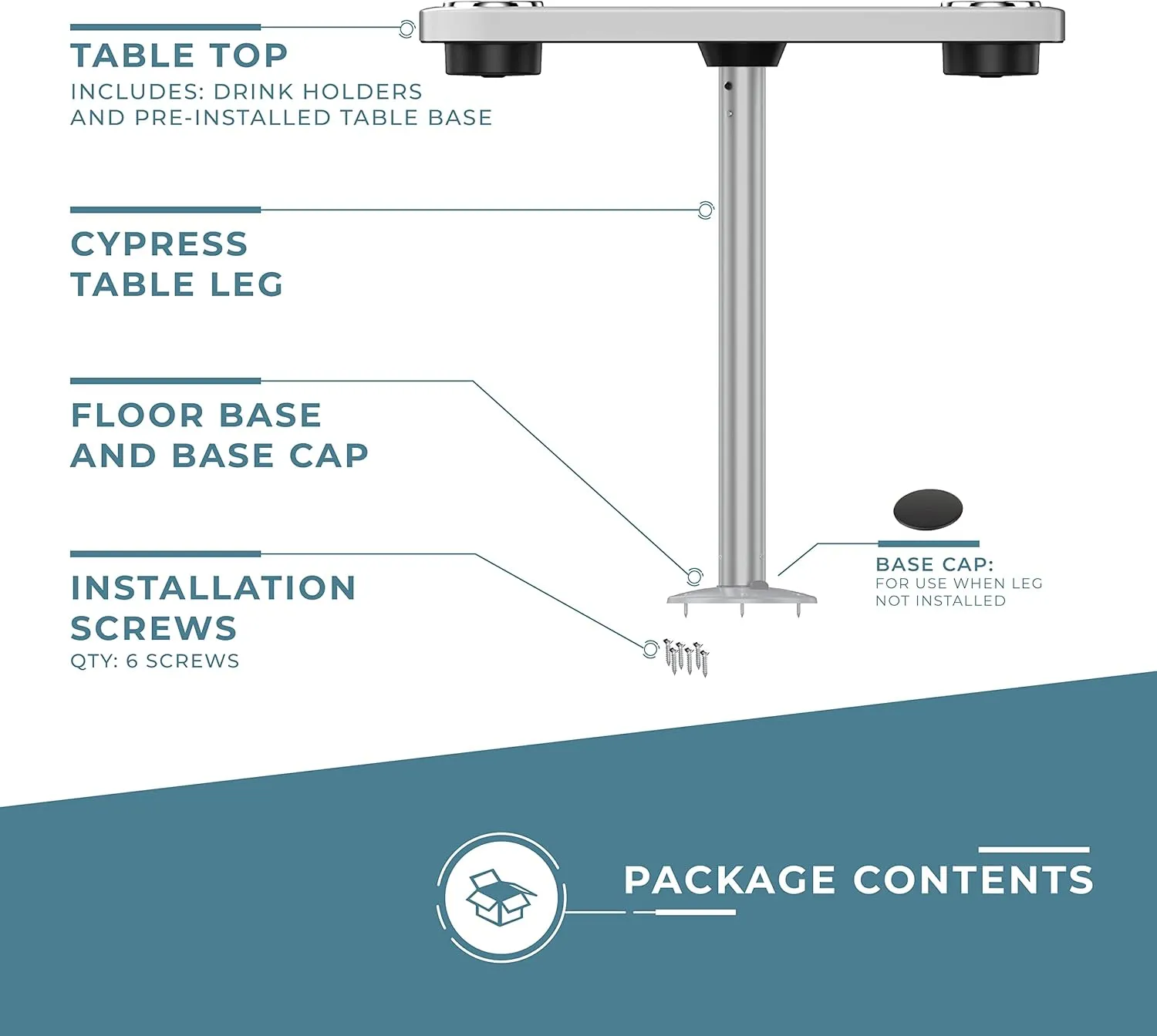 Manufacturers' Select ITC Boat Table Set - 18"x34" Removable Pontoon Boat Table with Pedestal Leg, 4 Drink Holders, and 2 Phone Stands (Glossy White Table with Silver Leg)