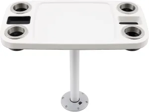 Manufacturers' Select ITC Boat Table Set - 18"x34" Removable Pontoon Boat Table with Pedestal Leg, 4 Drink Holders, and 2 Phone Stands (Glossy White Table with Silver Leg)