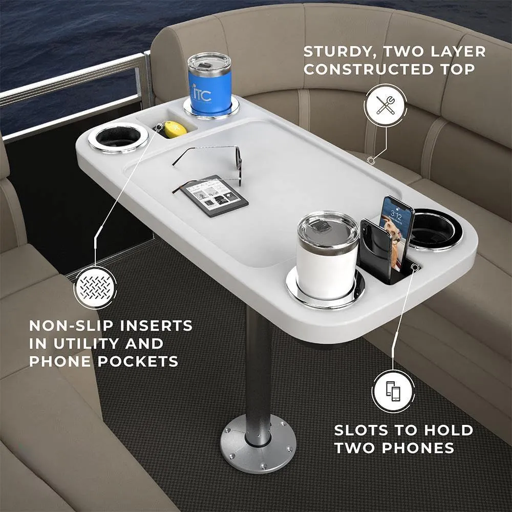 Manufacturers' Select ITC Boat Table Set - 18"x34" Removable Pontoon Boat Table with Pedestal Leg, 4 Drink Holders, and 2 Phone Stands (Glossy White Table with Silver Leg)