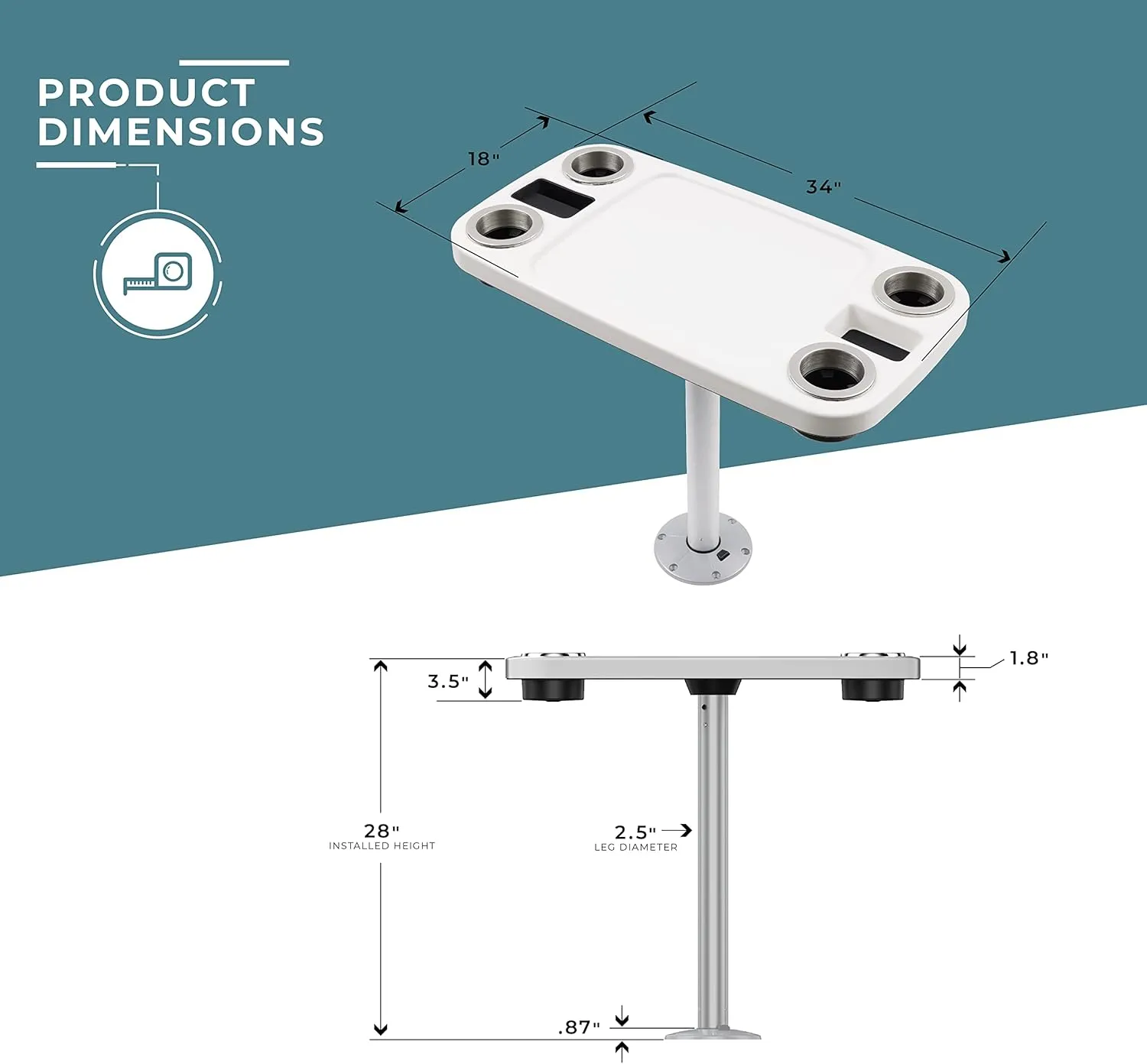 Manufacturers' Select ITC Boat Table Set - 18"x34" Removable Pontoon Boat Table with Pedestal Leg, 4 Drink Holders, and 2 Phone Stands (Glossy White Table with Silver Leg)