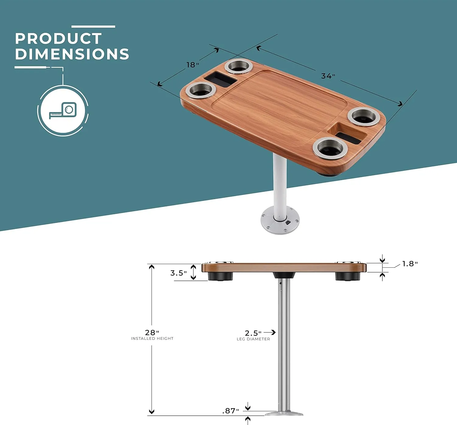 Manufacturers' Select ITC Lit Marine Boat Table Leg Set. Pontoon Accessories, Marine Pedestal Table. Large Top with Blue Led Lit Drink Holder
