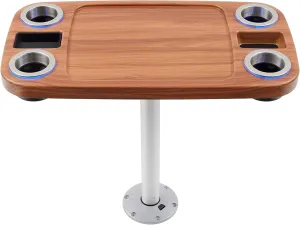 Manufacturers' Select ITC Lit Marine Boat Table Leg Set. Pontoon Accessories, Marine Pedestal Table. Large Top with Blue Led Lit Drink Holder