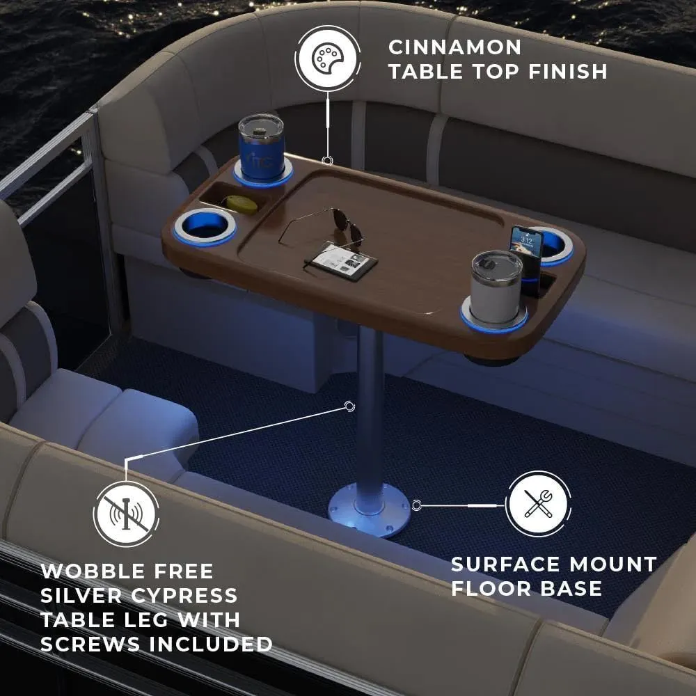 Manufacturers' Select ITC Lit Marine Boat Table Leg Set. Pontoon Accessories, Marine Pedestal Table. Large Top with Blue Led Lit Drink Holder