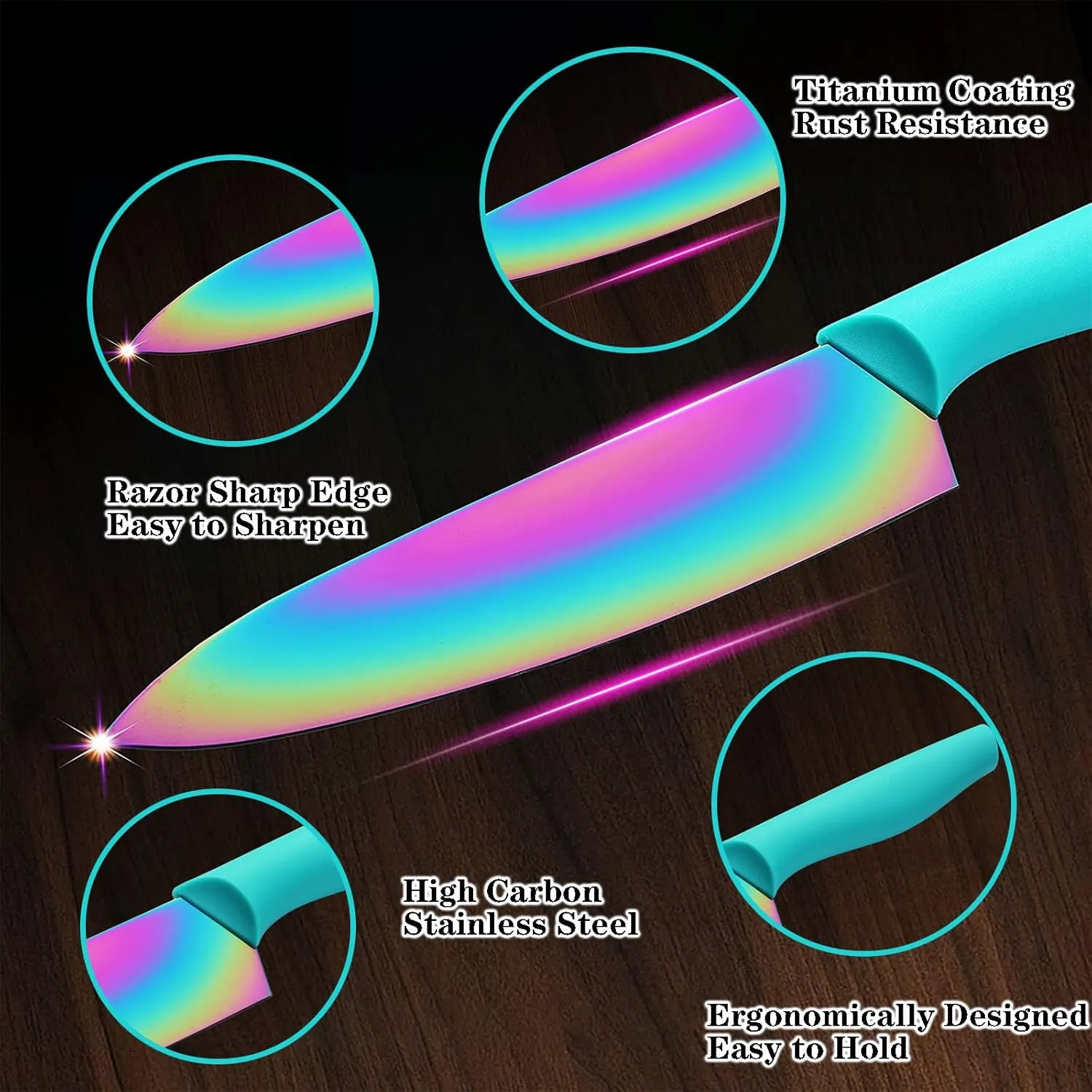 Marco Almond Kitchen Knife Set, KYA37 12-Piece Rainbow Titanium Stainless Steel Boxed Knives Set for Kitchen with Covers, 6 Knives with 6 Blade Guards