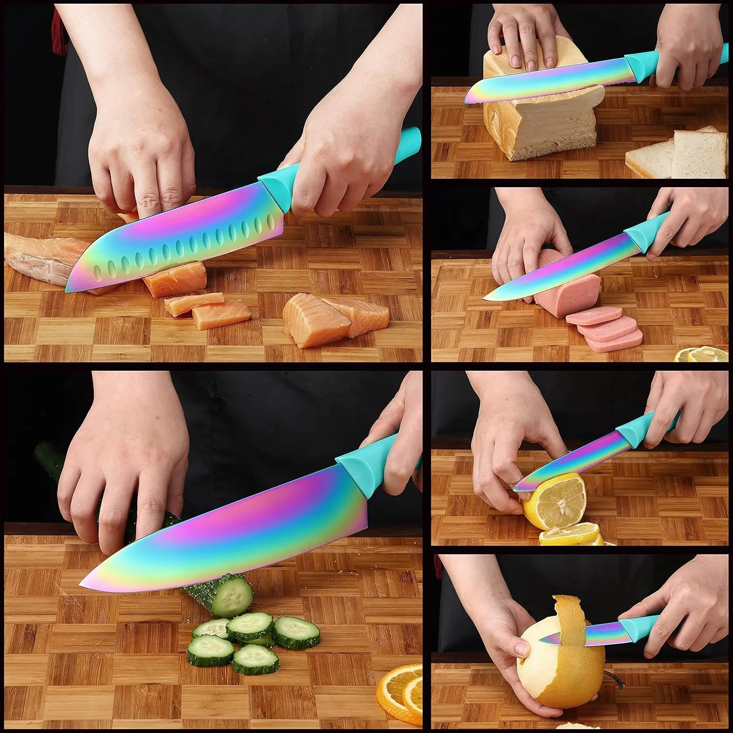 Marco Almond Kitchen Knife Set, KYA37 12-Piece Rainbow Titanium Stainless Steel Boxed Knives Set for Kitchen with Covers, 6 Knives with 6 Blade Guards