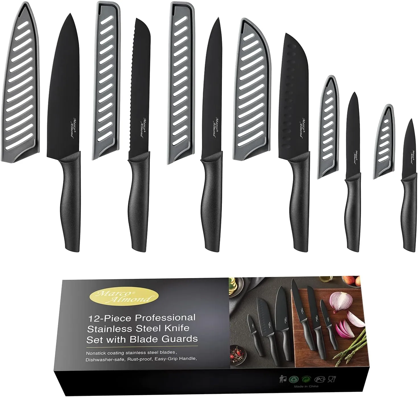 Marco Almond Kitchen Knife Set, KYA38 12-Piece Kitchen Knives Set with Covers, 6 Knives with 6 Blade Guards, Stainless Steel Cooking Knives Set for Kitchen, Black