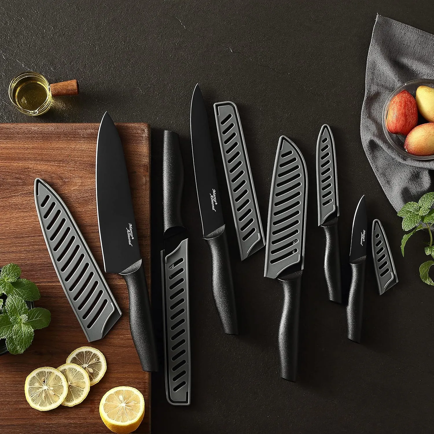 Marco Almond Kitchen Knife Set, KYA38 12-Piece Kitchen Knives Set with Covers, 6 Knives with 6 Blade Guards, Stainless Steel Cooking Knives Set for Kitchen, Black