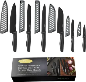 Marco Almond Kitchen Knife Set, KYA38 12-Piece Kitchen Knives Set with Covers, 6 Knives with 6 Blade Guards, Stainless Steel Cooking Knives Set for Kitchen, Black