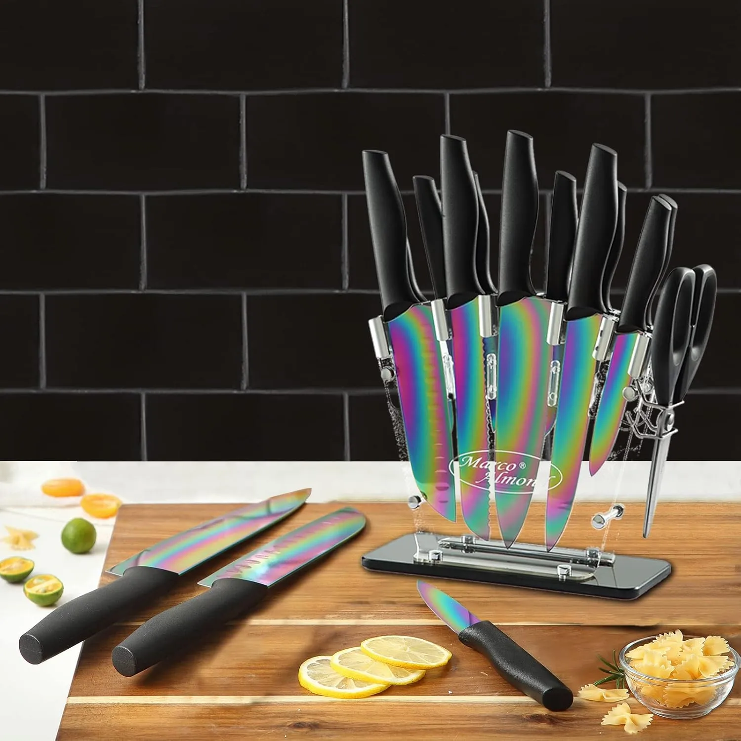Marco Almond® Knife Block Set,14-Piece Rainbow Color Stainless Steel Knife Sets for Kitchen with block, KYA35 Chef Cooking Knives Set with Acrylic Stand