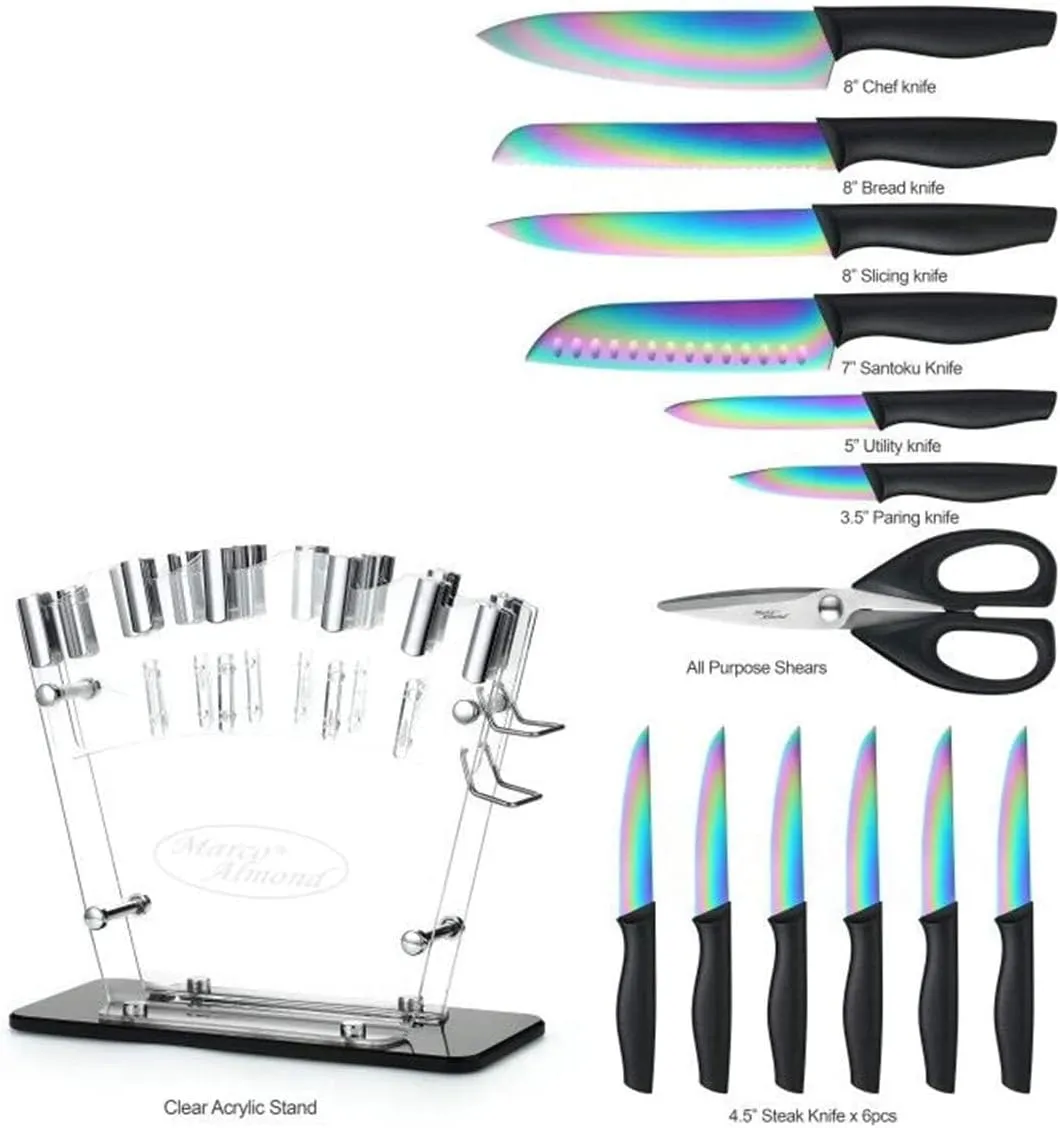 Marco Almond® Knife Block Set,14-Piece Rainbow Color Stainless Steel Knife Sets for Kitchen with block, KYA35 Chef Cooking Knives Set with Acrylic Stand