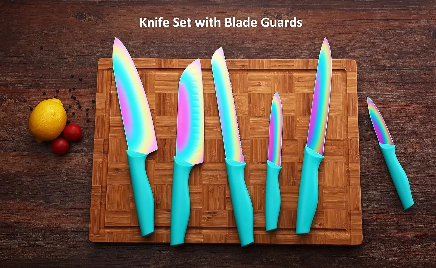 Marco Almond Knife Set with Spoons, KYA37B Knife Sets with Blade Guards and Measuring Spoons, Rainbow Color 17-Piece Stainless Steel Kitchen Knives Set with Covers