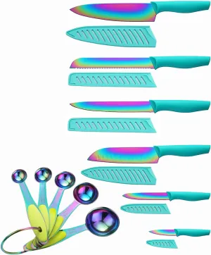 Marco Almond Knife Set with Spoons, KYA37B Knife Sets with Blade Guards and Measuring Spoons, Rainbow Color 17-Piece Stainless Steel Kitchen Knives Set with Covers