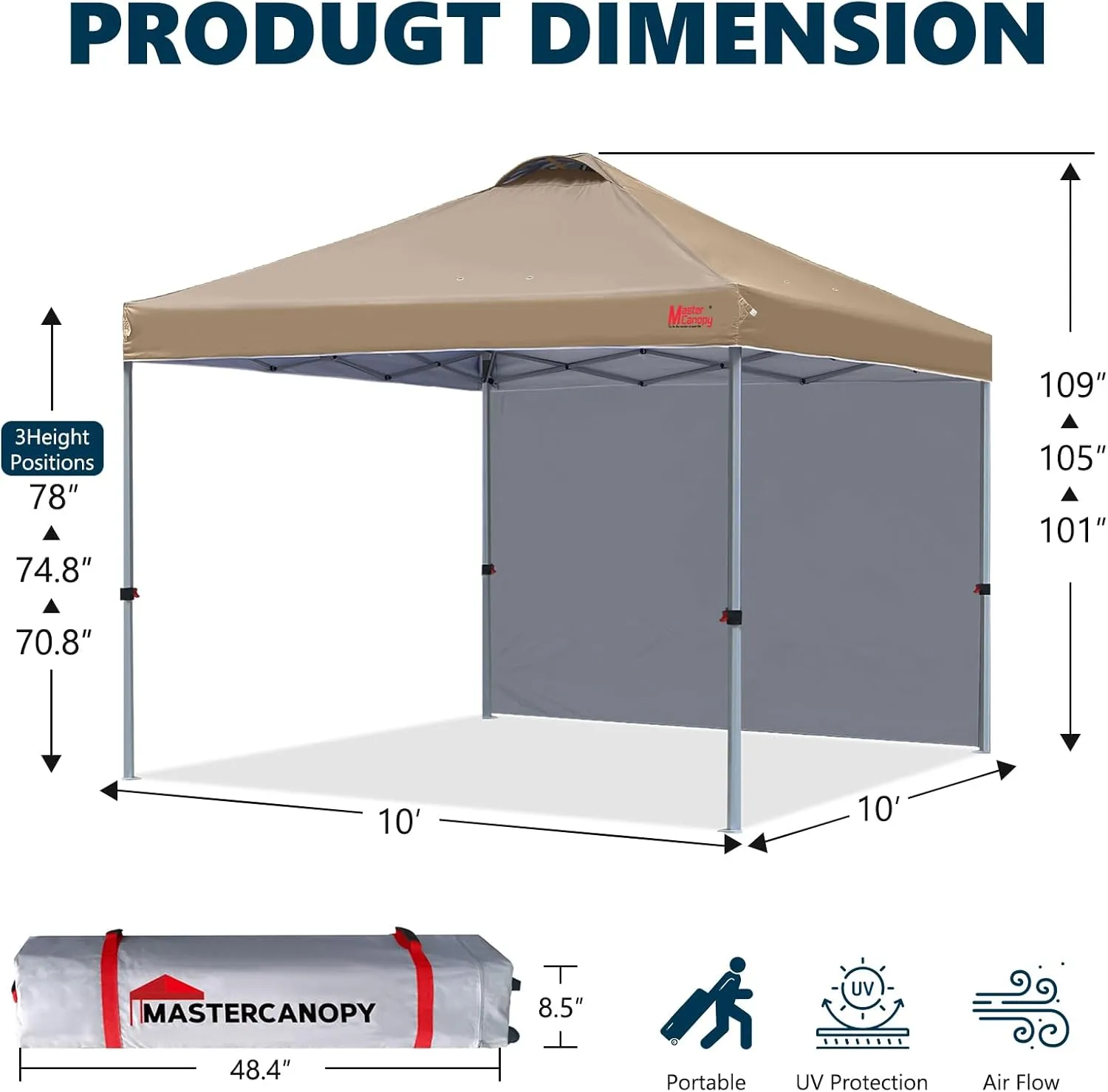 MASTERCANOPY Durable Pop-up Canopy Tent with 1 Sidewall (10'x10',Khaki)