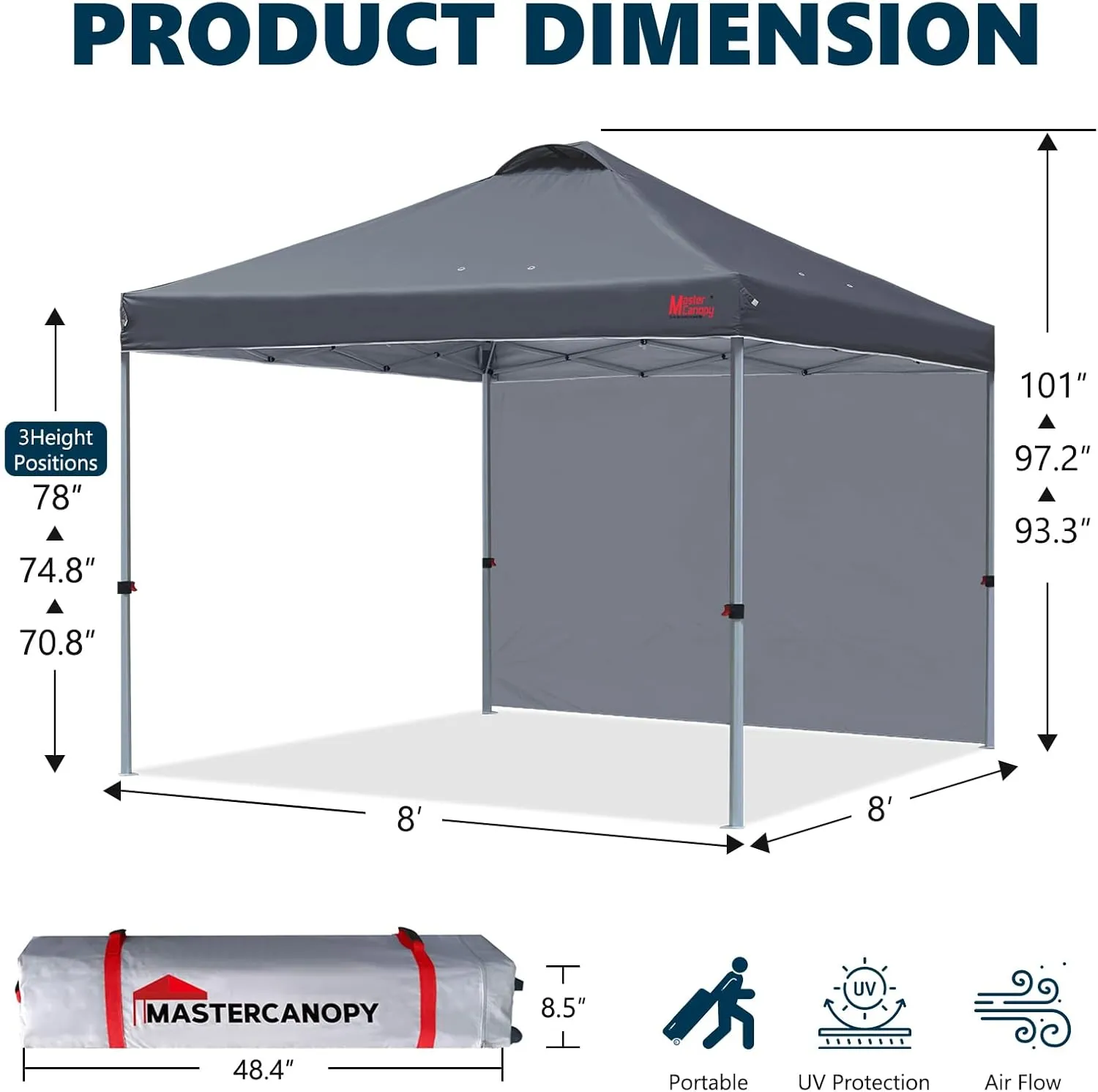 MASTERCANOPY Durable Pop-up Canopy Tent with 1 Sidewall (8'x8',Dark Grey)