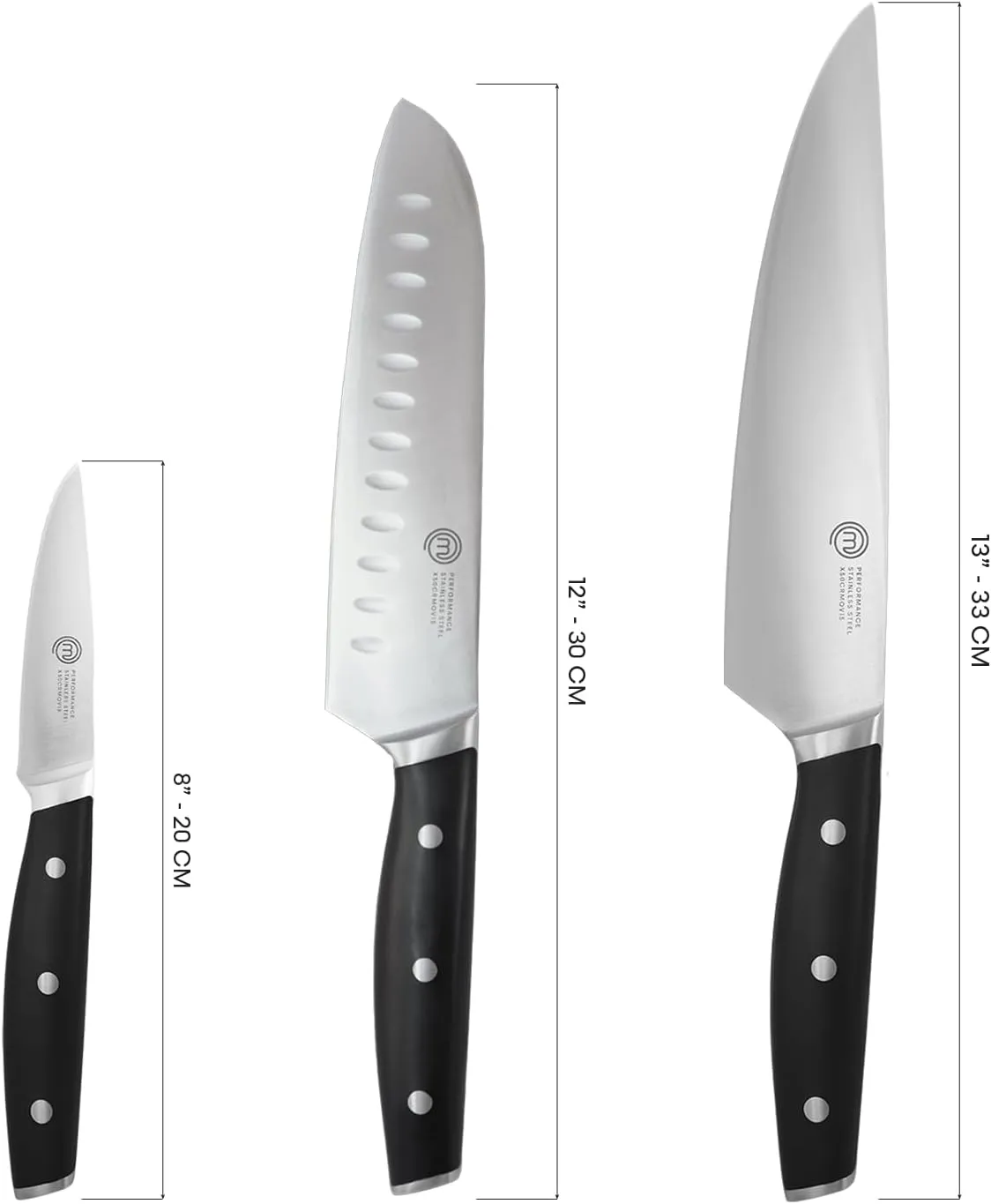 MasterChef Chef Knife Set of 3 Professional Quality Kitchen Knives (Chef, Santoku & Paring) for Precision Home Cooking, High Carbon Stainless Steel Blades & Triple Riveted Handles