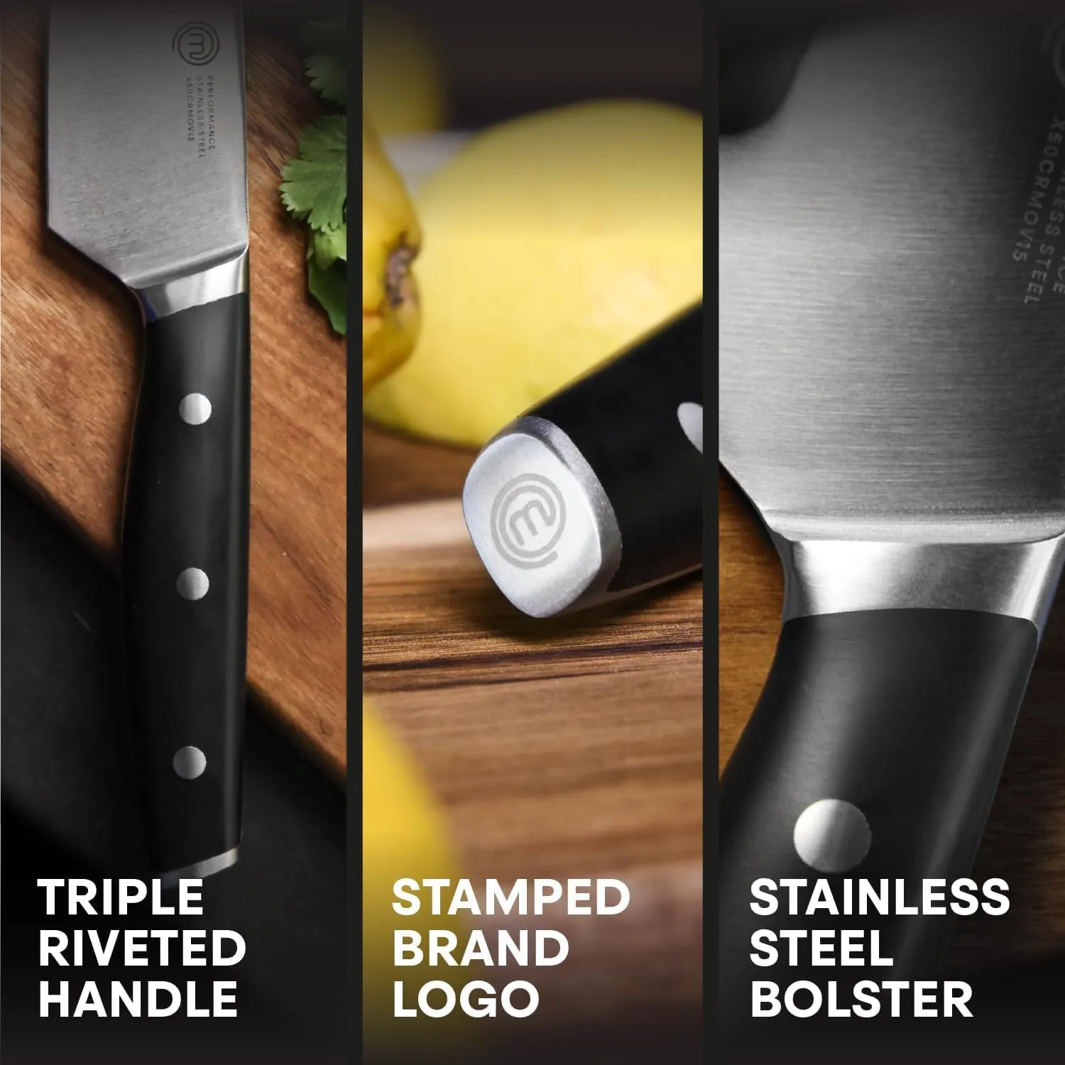 MasterChef Chef Knife Set of 3 Professional Quality Kitchen Knives (Chef, Santoku & Paring) for Precision Home Cooking, High Carbon Stainless Steel Blades & Triple Riveted Handles