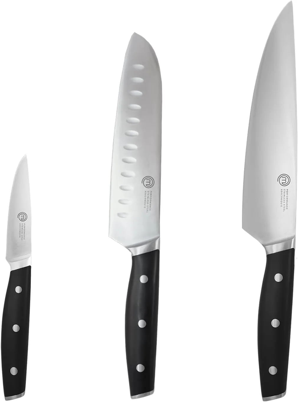 MasterChef Chef Knife Set of 3 Professional Quality Kitchen Knives (Chef, Santoku & Paring) for Precision Home Cooking, High Carbon Stainless Steel Blades & Triple Riveted Handles