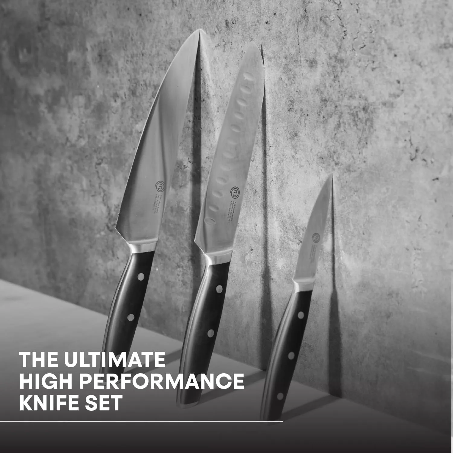 MasterChef Chef Knife Set of 3 Professional Quality Kitchen Knives (Chef, Santoku & Paring) for Precision Home Cooking, High Carbon Stainless Steel Blades & Triple Riveted Handles
