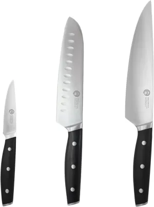 MasterChef Chef Knife Set of 3 Professional Quality Kitchen Knives (Chef, Santoku & Paring) for Precision Home Cooking, High Carbon Stainless Steel Blades & Triple Riveted Handles
