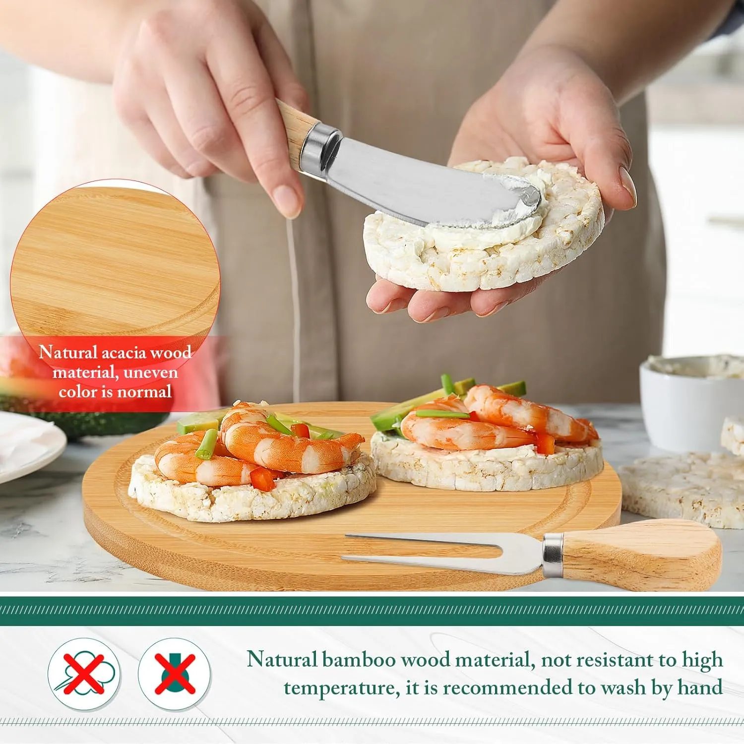 Maxcheck 2 Sets Baby Shower Bridal Game Prizes for Winners Round Cheese Board Set Wood Mini Charcuterie Board with Knives and Forks Bulk Thank You Card with Gift Box for Guests Wedding Favor (Bamboo)