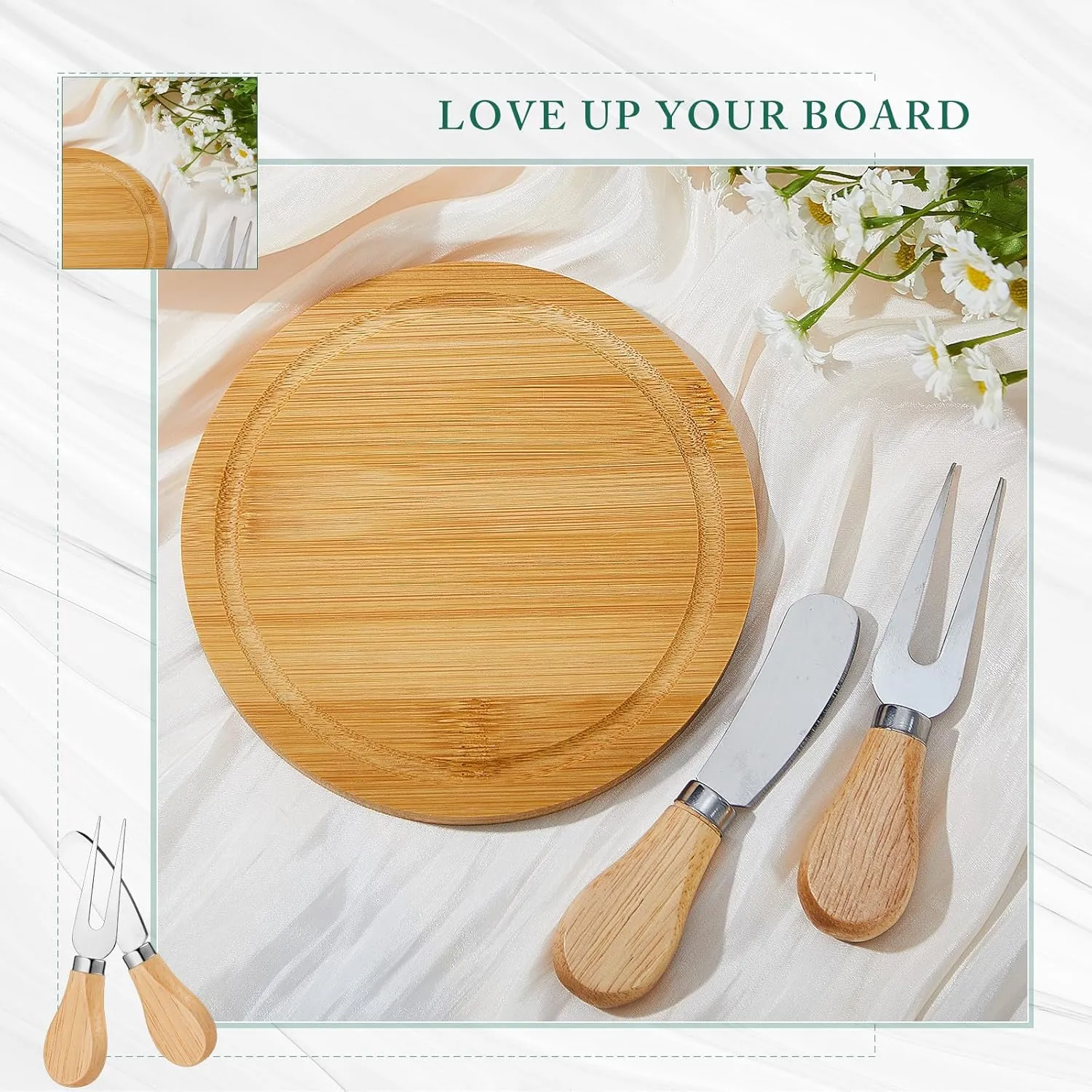 Maxcheck 2 Sets Baby Shower Bridal Game Prizes for Winners Round Cheese Board Set Wood Mini Charcuterie Board with Knives and Forks Bulk Thank You Card with Gift Box for Guests Wedding Favor (Bamboo)