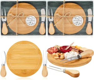 Maxcheck 2 Sets Baby Shower Bridal Game Prizes for Winners Round Cheese Board Set Wood Mini Charcuterie Board with Knives and Forks Bulk Thank You Card with Gift Box for Guests Wedding Favor (Bamboo)