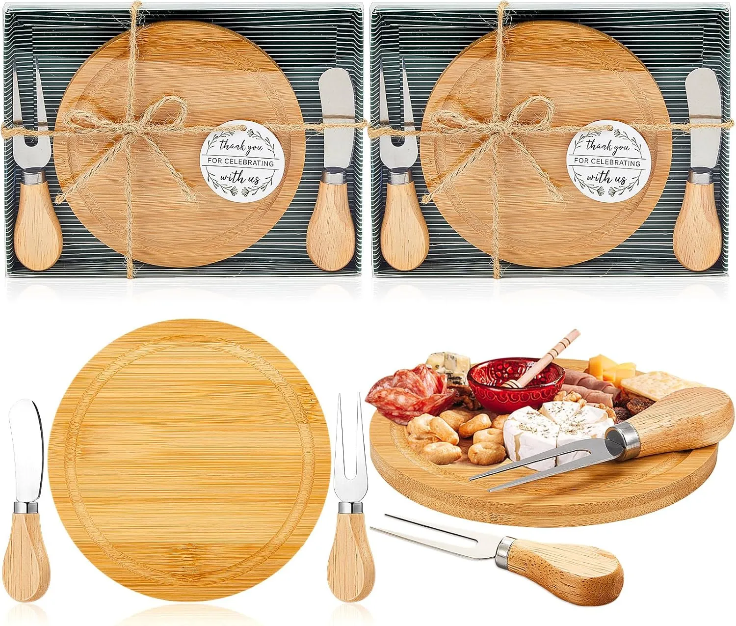Maxcheck 2 Sets Baby Shower Bridal Game Prizes for Winners Round Cheese Board Set Wood Mini Charcuterie Board with Knives and Forks Bulk Thank You Card with Gift Box for Guests Wedding Favor (Bamboo)