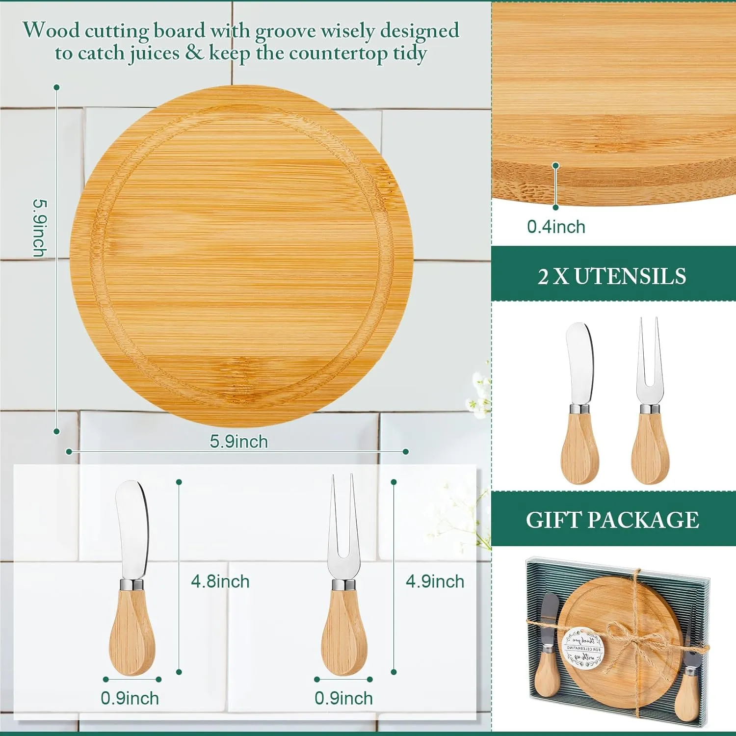 Maxcheck 2 Sets Baby Shower Bridal Game Prizes for Winners Round Cheese Board Set Wood Mini Charcuterie Board with Knives and Forks Bulk Thank You Card with Gift Box for Guests Wedding Favor (Bamboo)