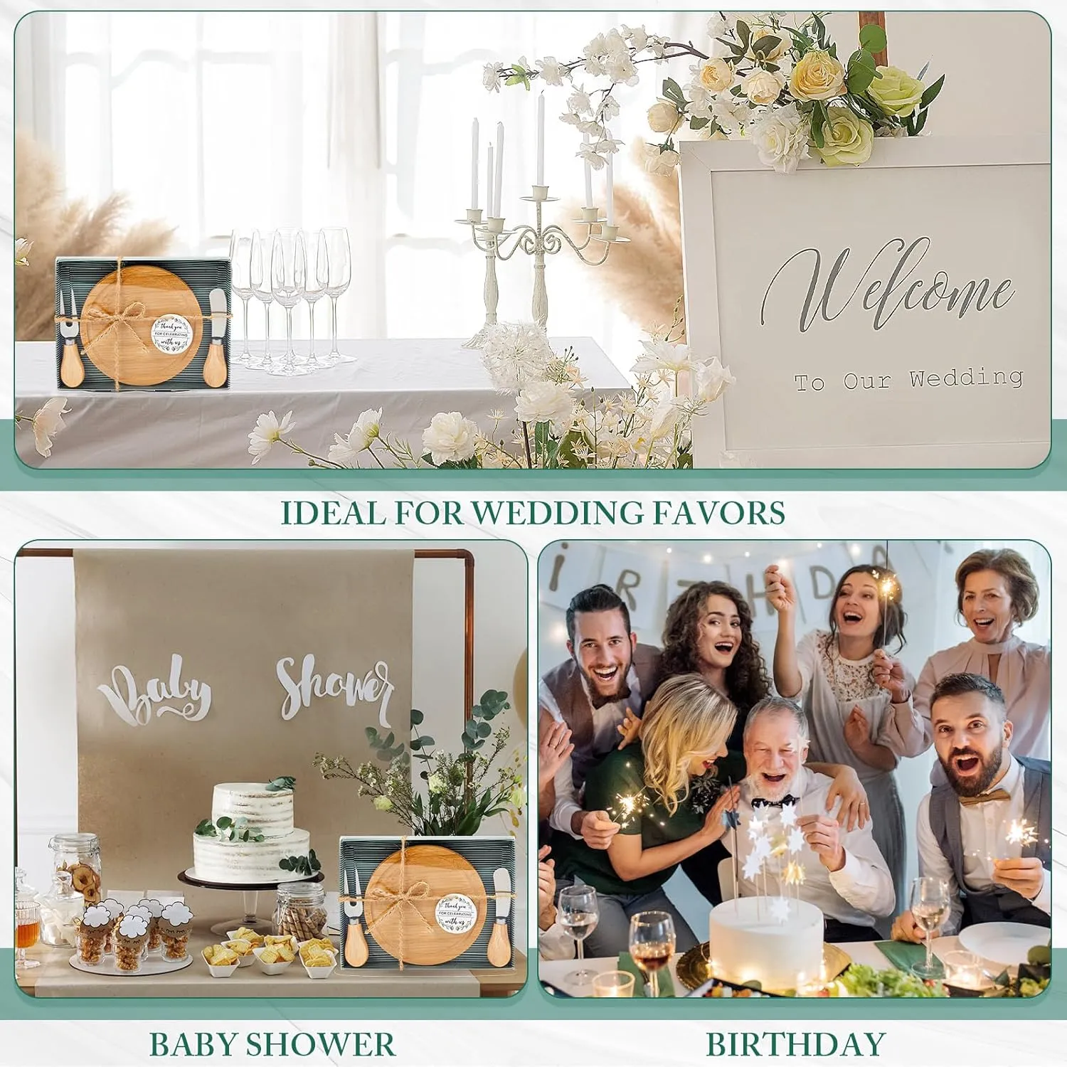 Maxcheck 2 Sets Baby Shower Bridal Game Prizes for Winners Round Cheese Board Set Wood Mini Charcuterie Board with Knives and Forks Bulk Thank You Card with Gift Box for Guests Wedding Favor (Bamboo)