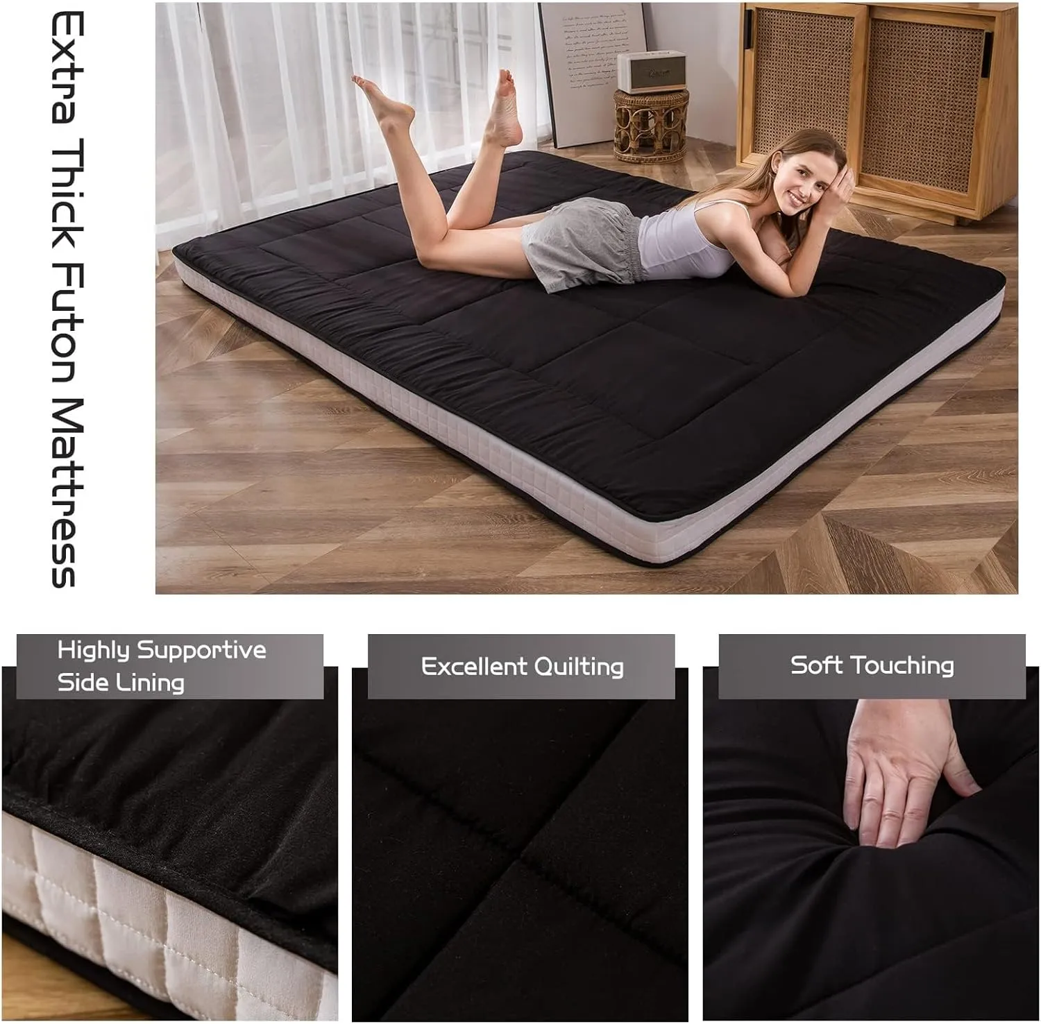 MAXYOYO Twin Bed Mattress Japanese Futon, Pad Camping Mattress Floor Bed Mattress Topper, Easy to Foldable and Portable, Black Futon Single Mattress