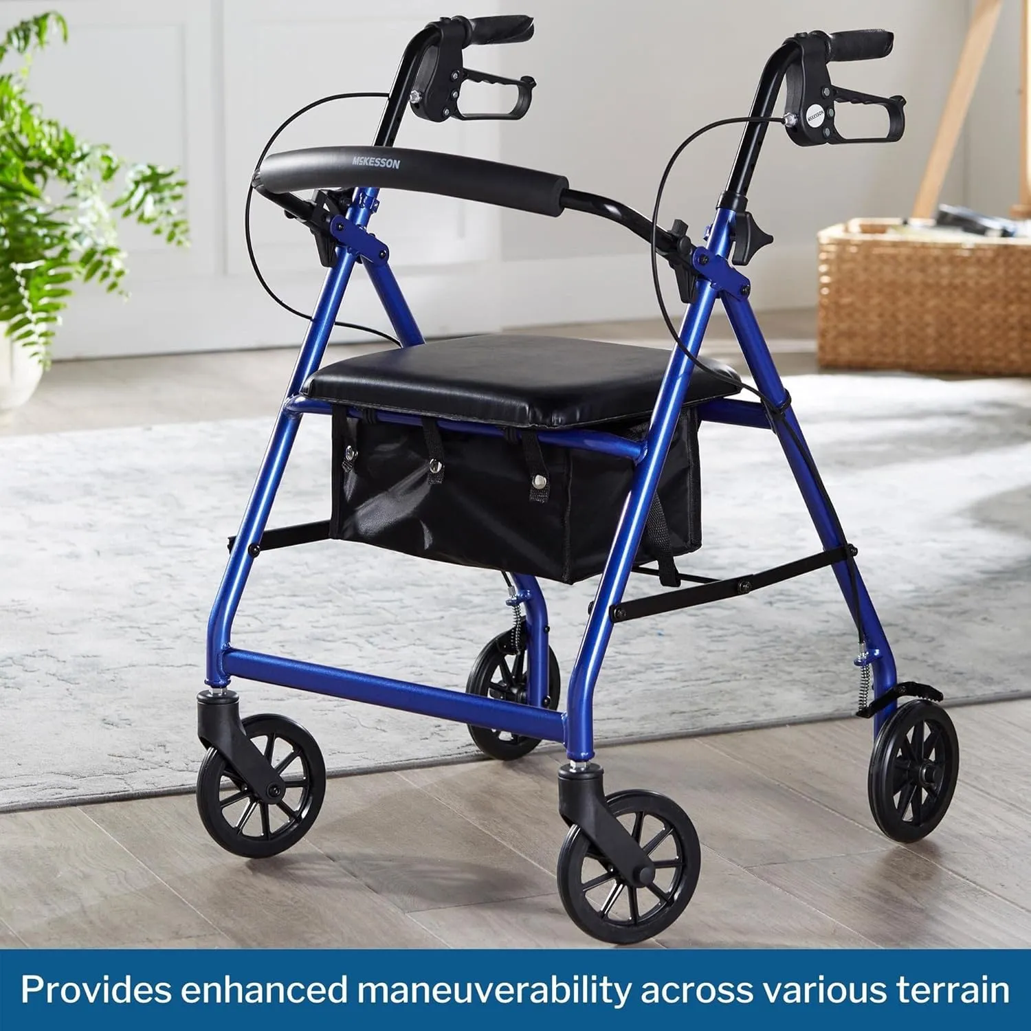 McKesson Rollator Walker with Seat and Wheels, Lightweight, Aluminum, 300 lbs Weight Capacity, Blue, 1 Count
