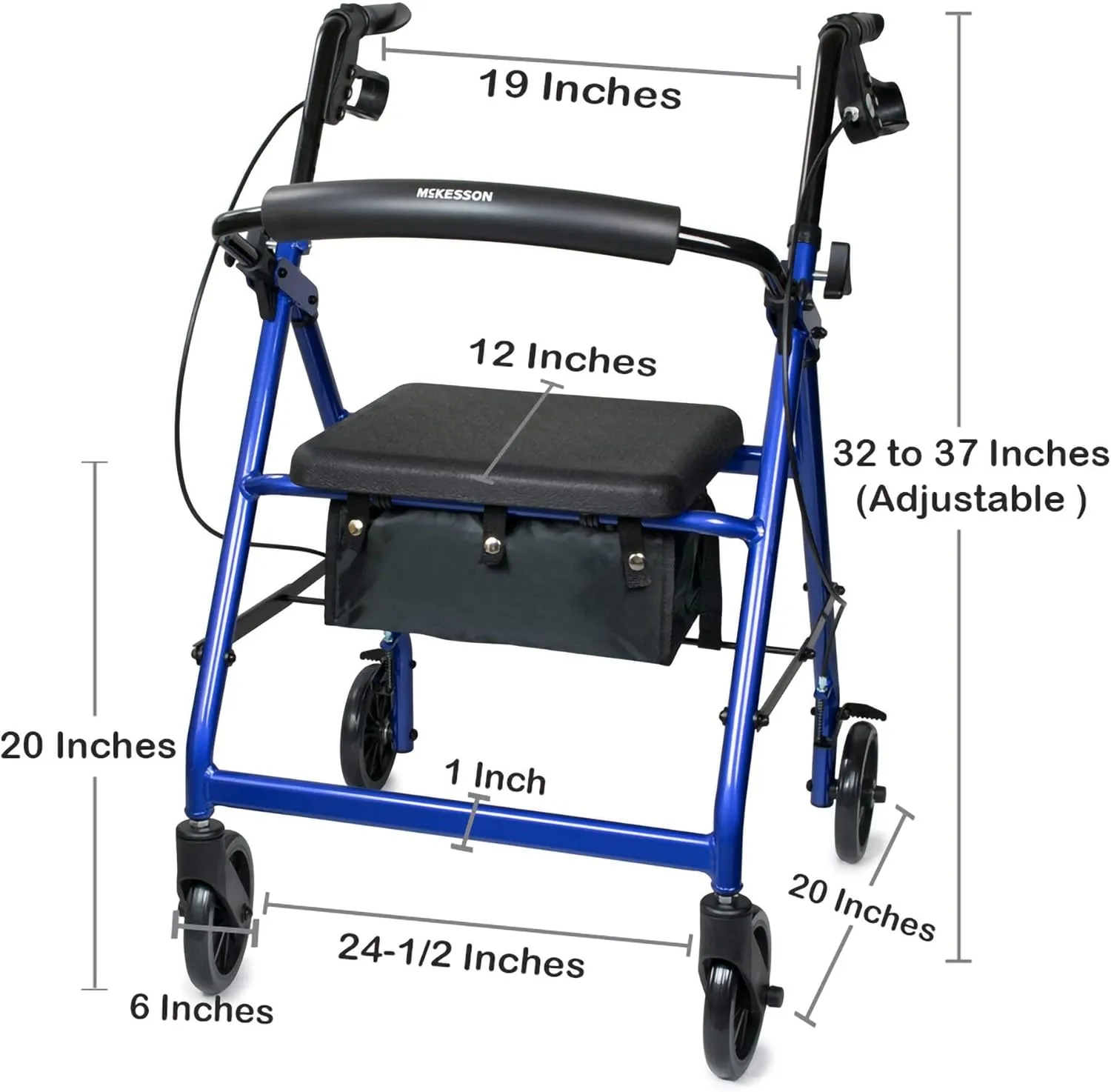 McKesson Rollator Walker with Seat and Wheels, Lightweight, Aluminum, 300 lbs Weight Capacity, Blue, 1 Count