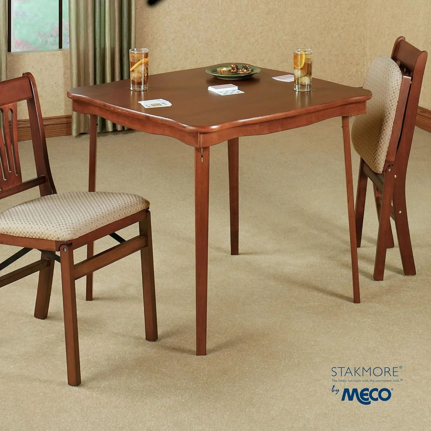 Meco Stakmore Stylish Durable Versatile Square Solid Wood Scalloped Edge Compact Folding Traditional Card Table for Home Use, Cherry