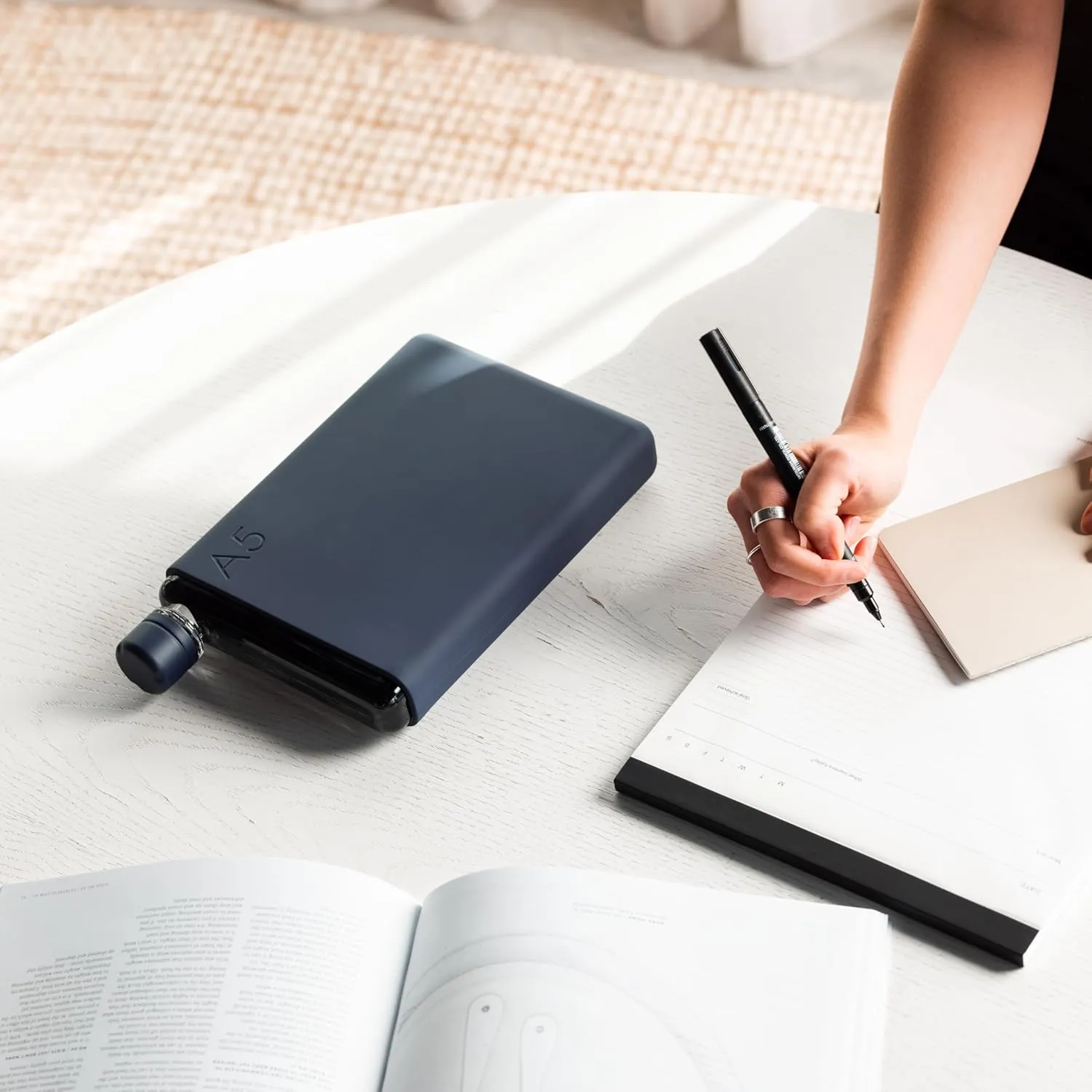 memobottle A5 (Midnight Blue) Bundle - 25oz (750ml) - Bottle, silicone sleeve & lid |Slim Water Bottle for Bags, Beside Books & Laptops | BPA Free Tritan | Modern & Minimalist