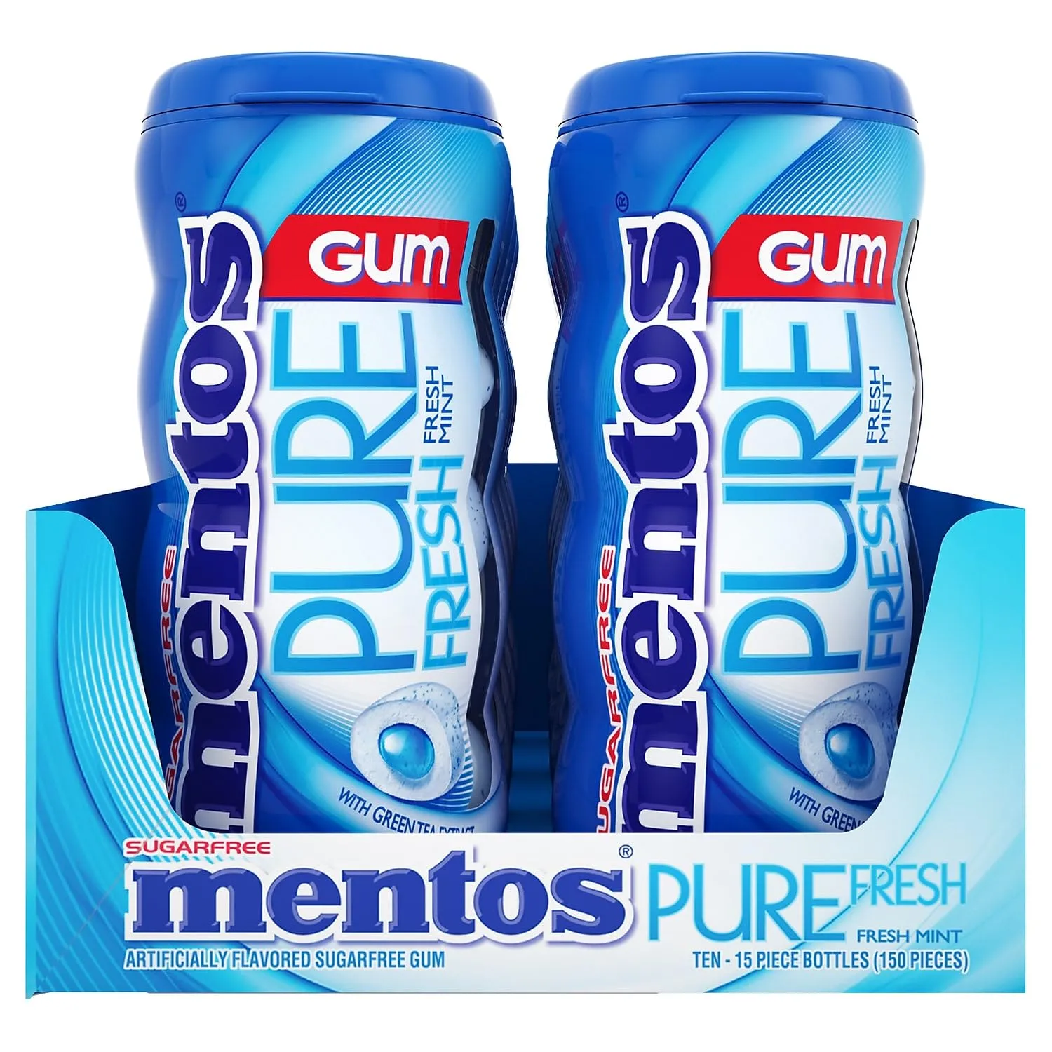 Mentos Pure Fresh Sugar-Free Chewing Gum with Xylitol, Fresh Mint, 15 Piece Bottle (Bulk Pack of 10)