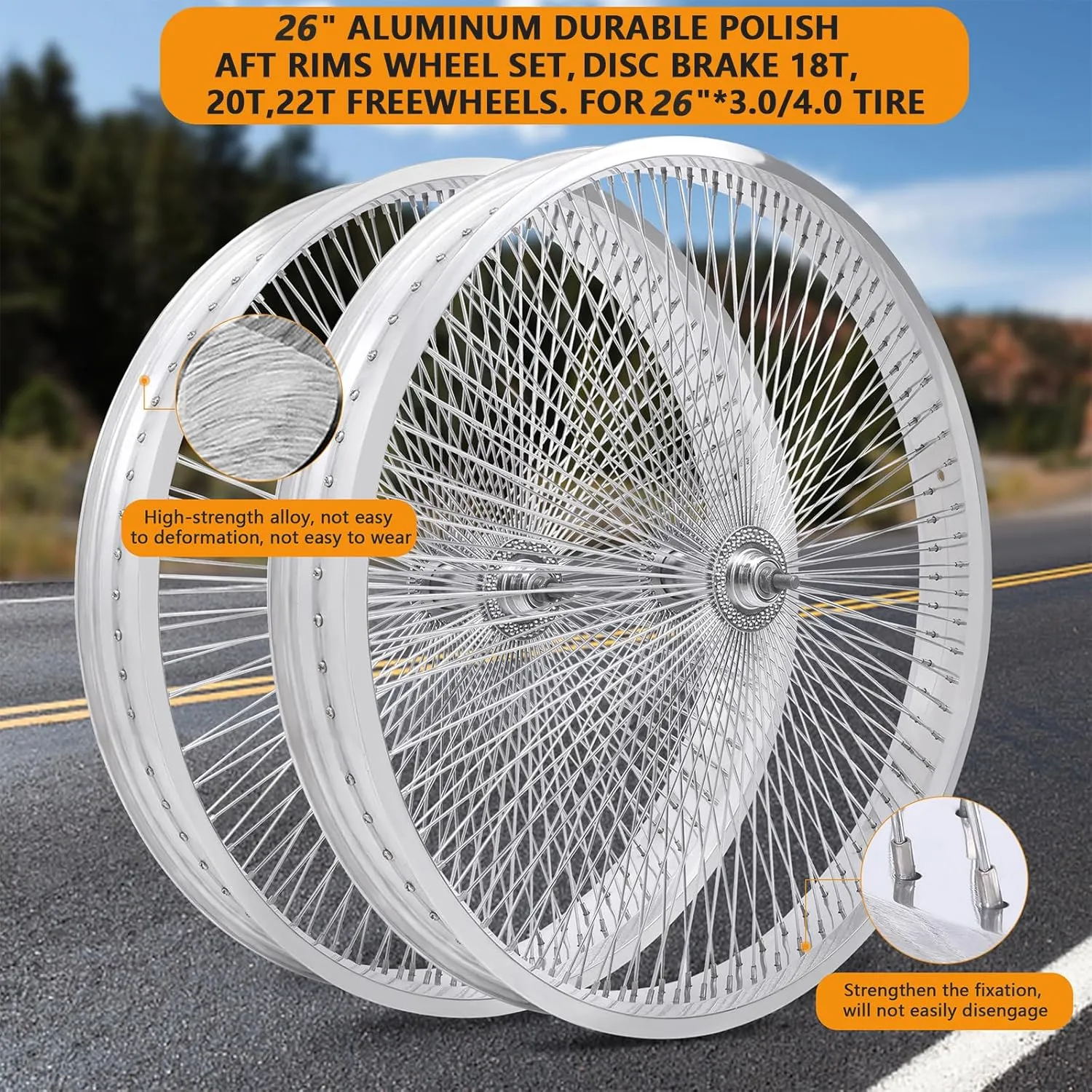 MICARGI 26"*4.0 Beach Cruiser Bicycle Disc Brake Wheelset, Polish Front and Rear Rims Set