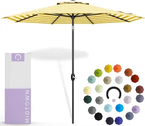 Midtown Umbrellas 10-Year-No-Fade - 9 Ft - UV Proof Yellow/white Stripes Fabric - Umbrella Outdoor Patio, Auto-Tilt Aluminum Frame Patio Umbrella for Garden, Pool & Deck - Black Pole