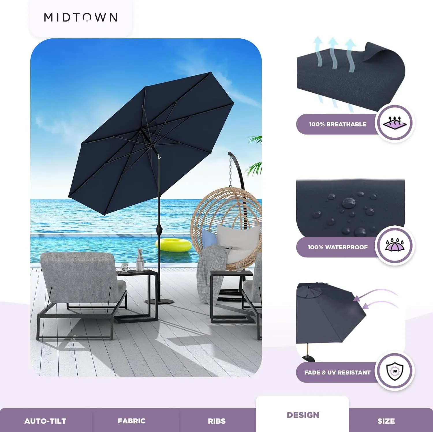 Midtown Umbrellas Sunbrella Umbrella 10 Feet Large Outdoor Umbrella With Sunbrella Canvas Navy Fabric - Auto-Tilt Aluminum Frame Large Patio Umbrella For Backyard, Deck, Garden, Pool - Black Pole