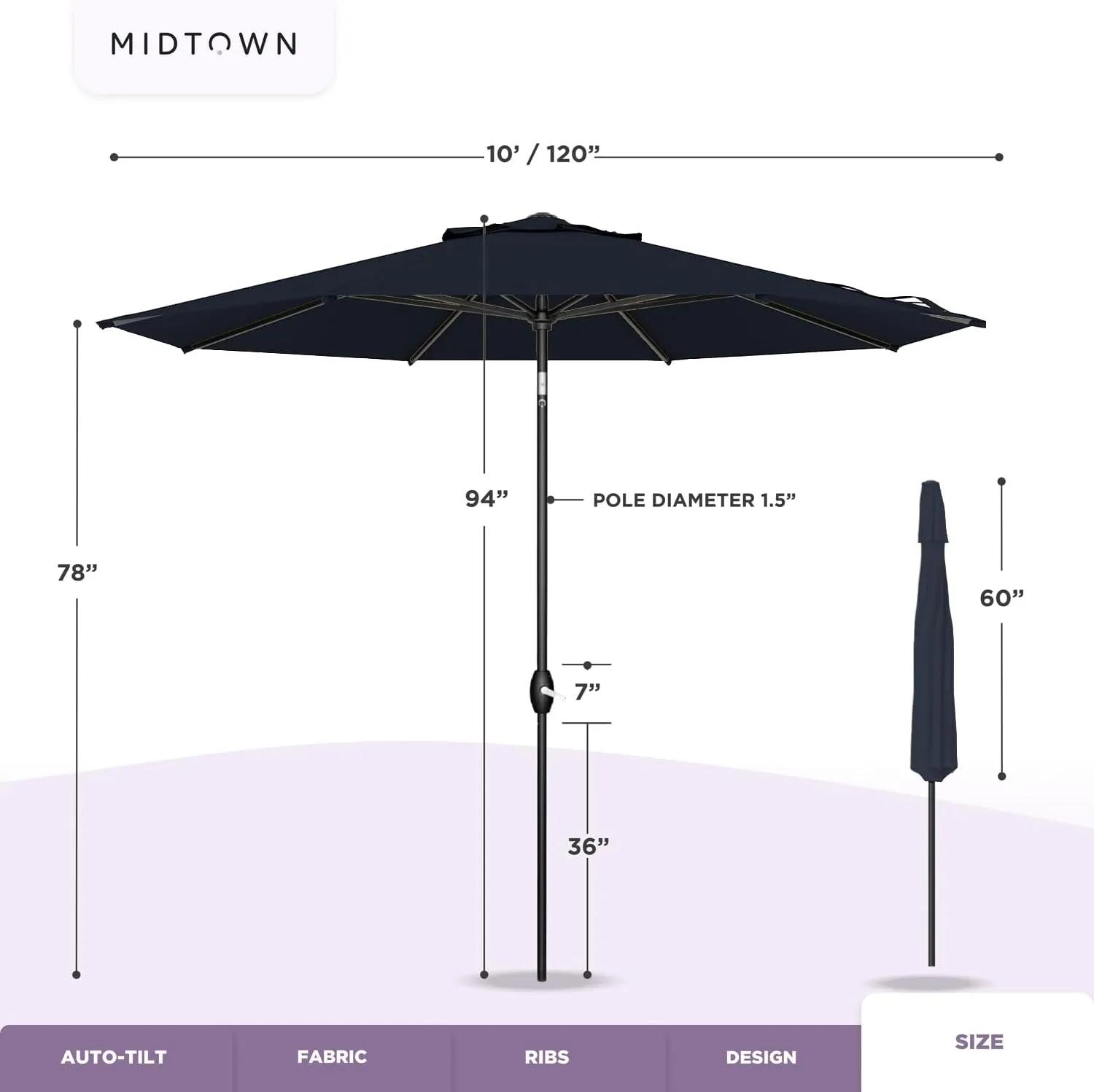 Midtown Umbrellas Sunbrella Umbrella 10 Feet Large Outdoor Umbrella With Sunbrella Canvas Navy Fabric - Auto-Tilt Aluminum Frame Large Patio Umbrella For Backyard, Deck, Garden, Pool - Black Pole