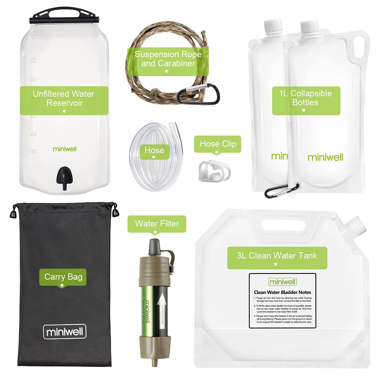 Miniwell Ultralight Gravity Water Filter Straw - Versatile Hiker Kit with Reservoir and Bottles. Emergency Hurricane Storm Supplies