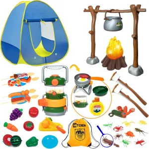 MITCIEN Kids Play Tent with Campfire, Toddlers Camping Set, Oil Lantern with Sound, Cut Up Fruits, Marshmallow, Skewers, Pretend Camping Toys for 3 4 5 6  Year Old Boys and Girls