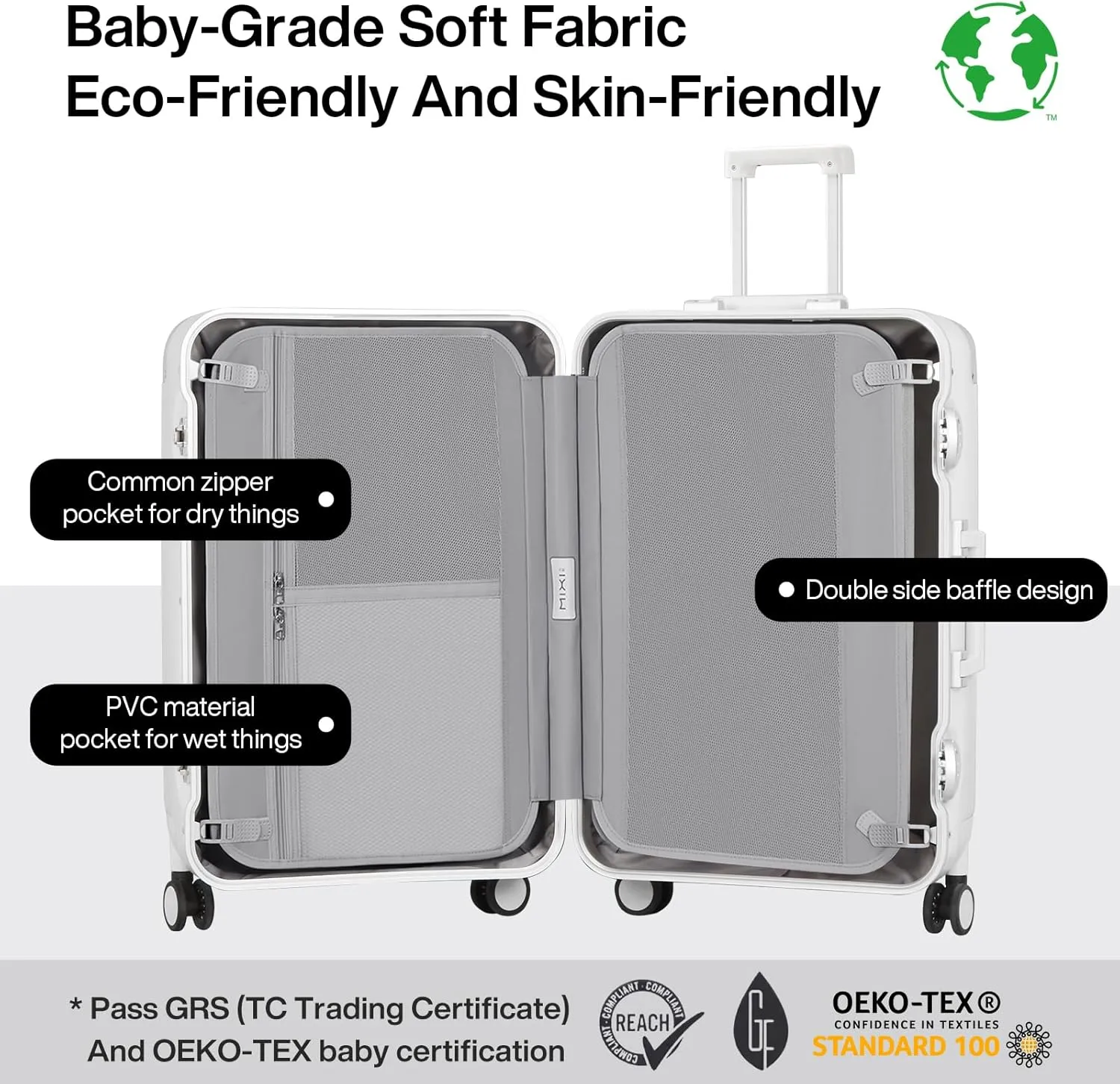 mixi Carry On Luggage 20'' Travel Suitcase Rolling Luggage Aluminum Frame PC Hardside with Spinner Wheels & TSA Lock - Smoke White