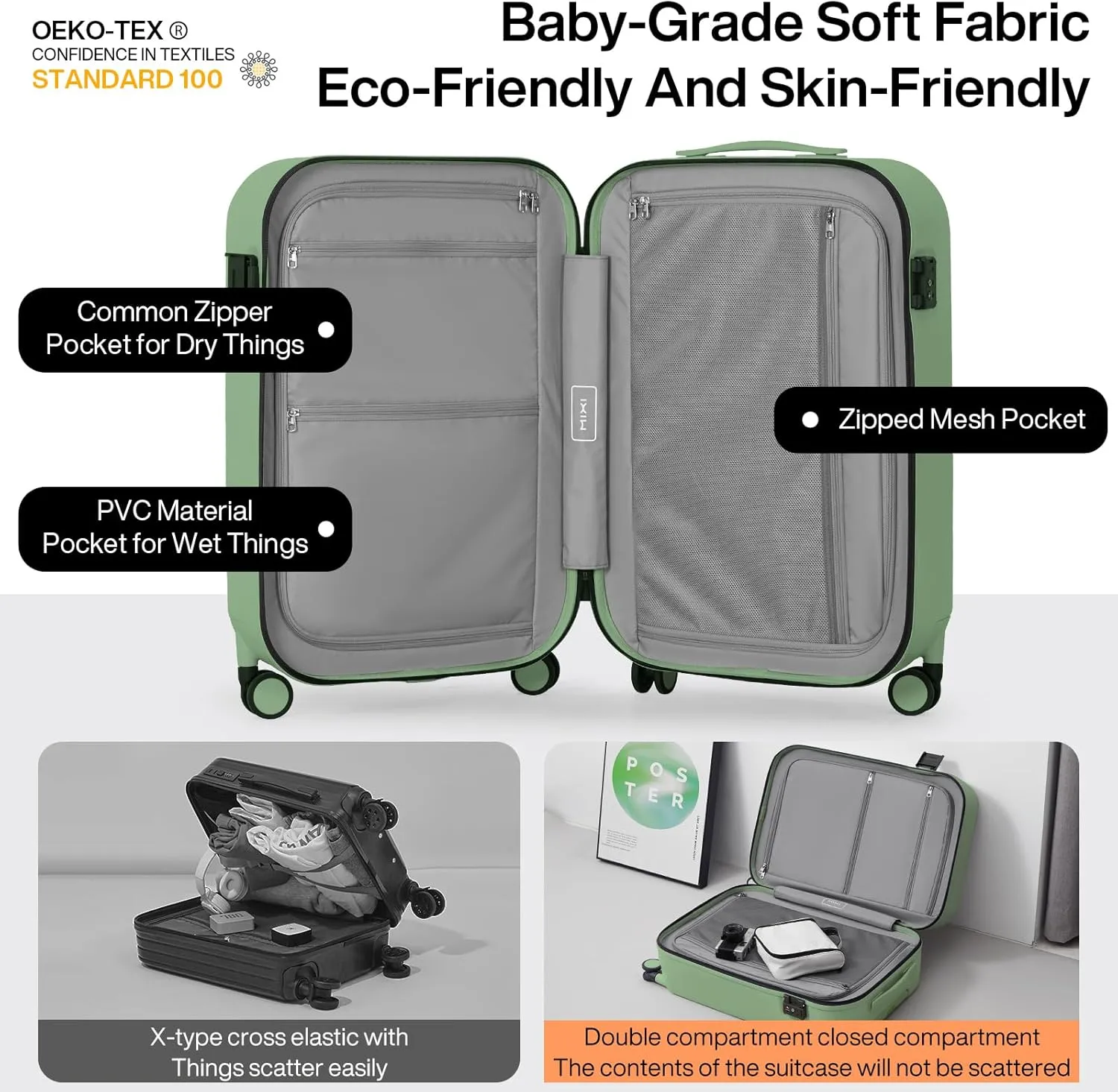 mixi Hardside PC Suitcase 20 Inch Carry On Luggage Spinner Wheels TSA with Cover, Avocado Green