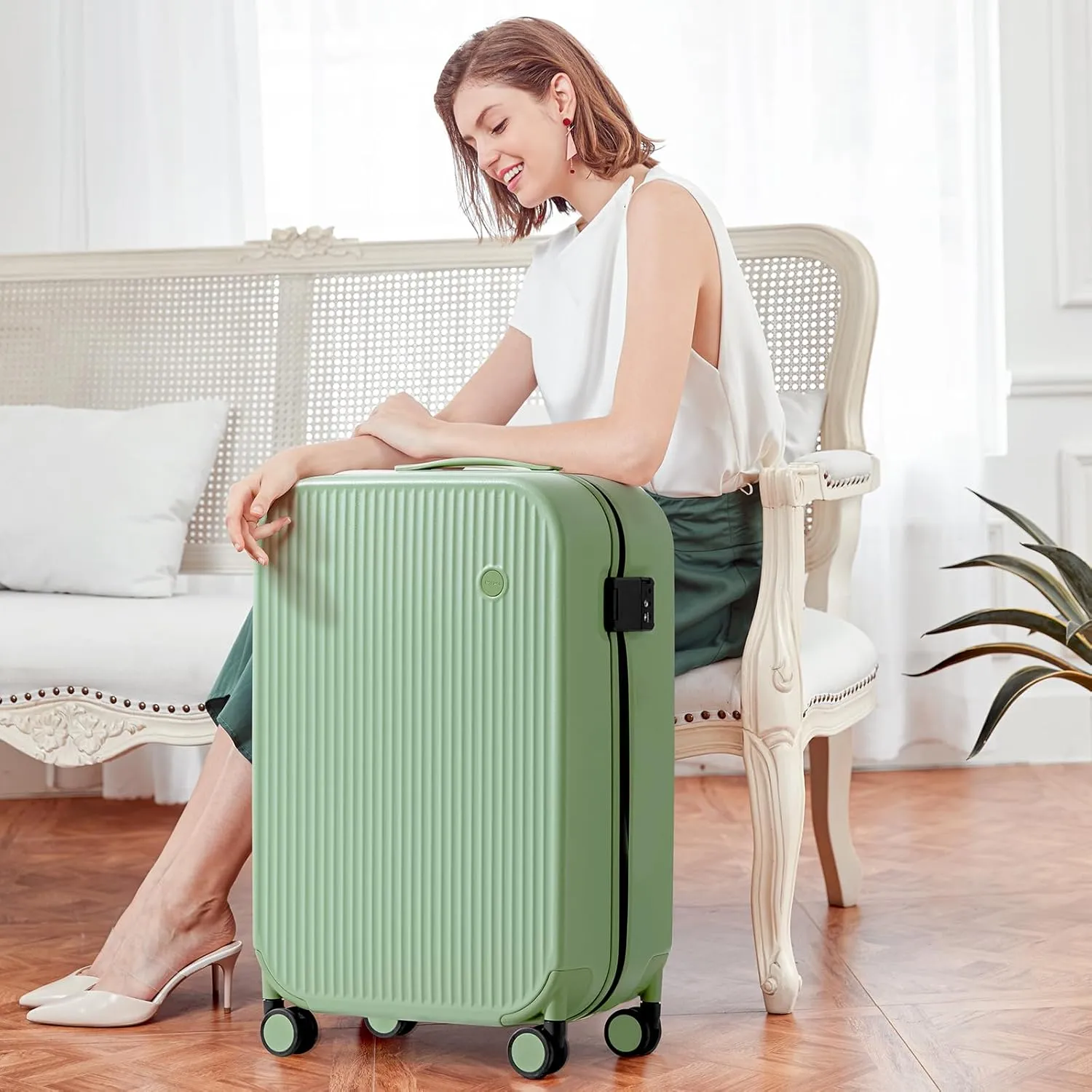 mixi Hardside PC Suitcase 20 Inch Carry On Luggage Spinner Wheels TSA with Cover, Avocado Green