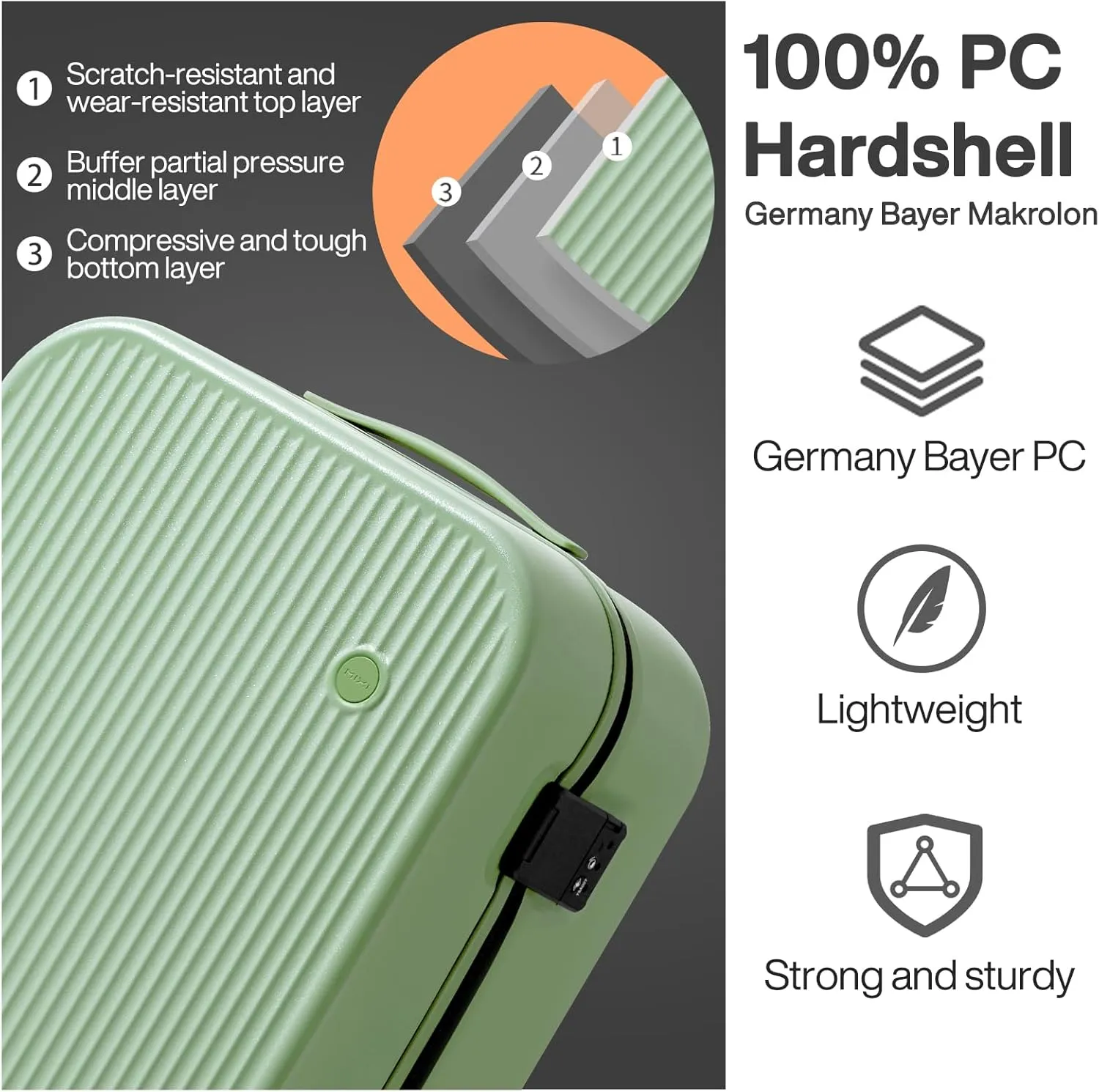 mixi Hardside PC Suitcase 20 Inch Carry On Luggage Spinner Wheels TSA with Cover, Avocado Green