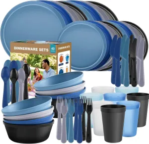 Modern Dinnerware Set – 40-Piece Plastic Plates and Bowls Set for 8, Reusable Unbreakable Dishes with Cups, Forks, Knives and Spoons, for Camping, Picnic or Daily Use